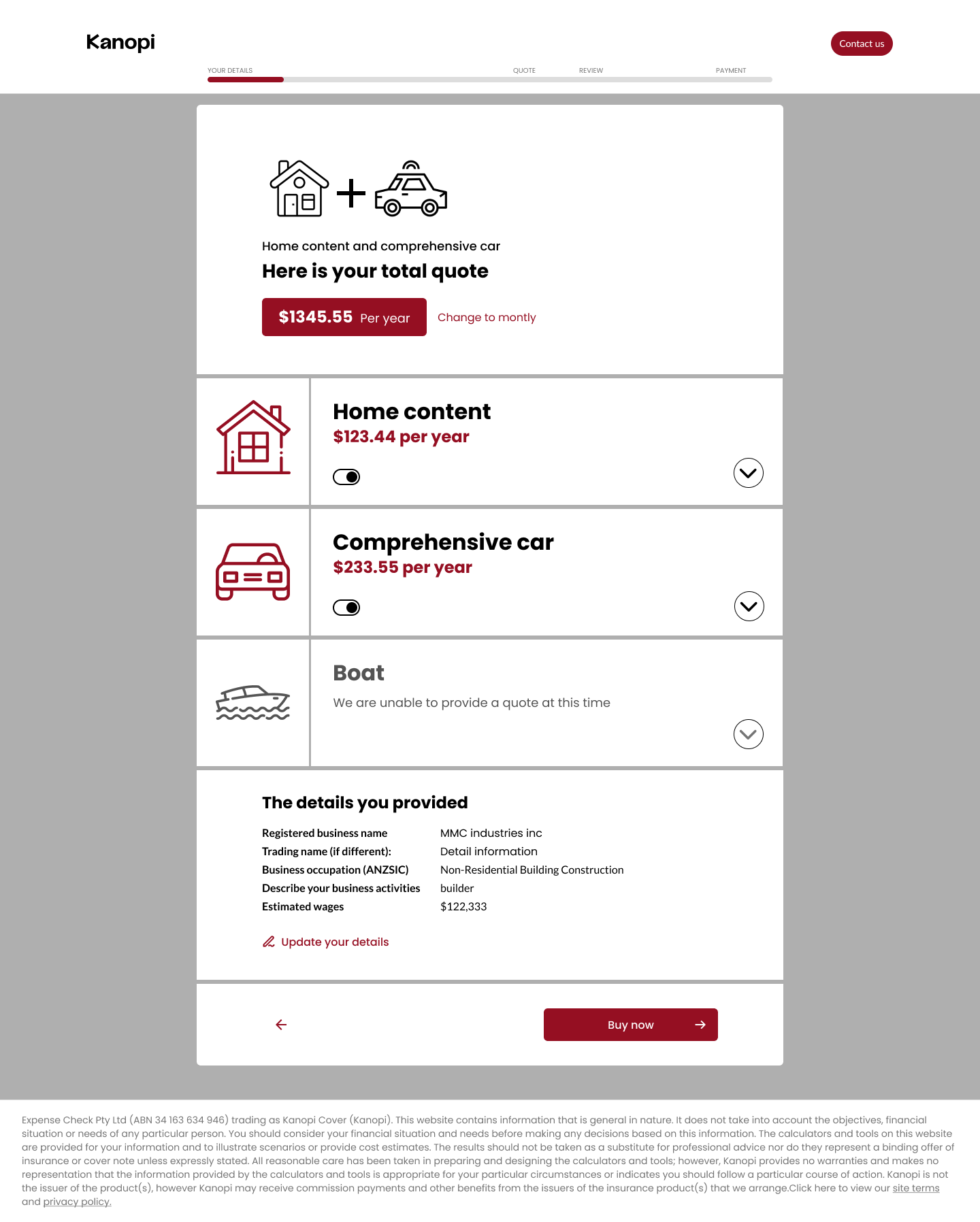 Insurance quote flow layout