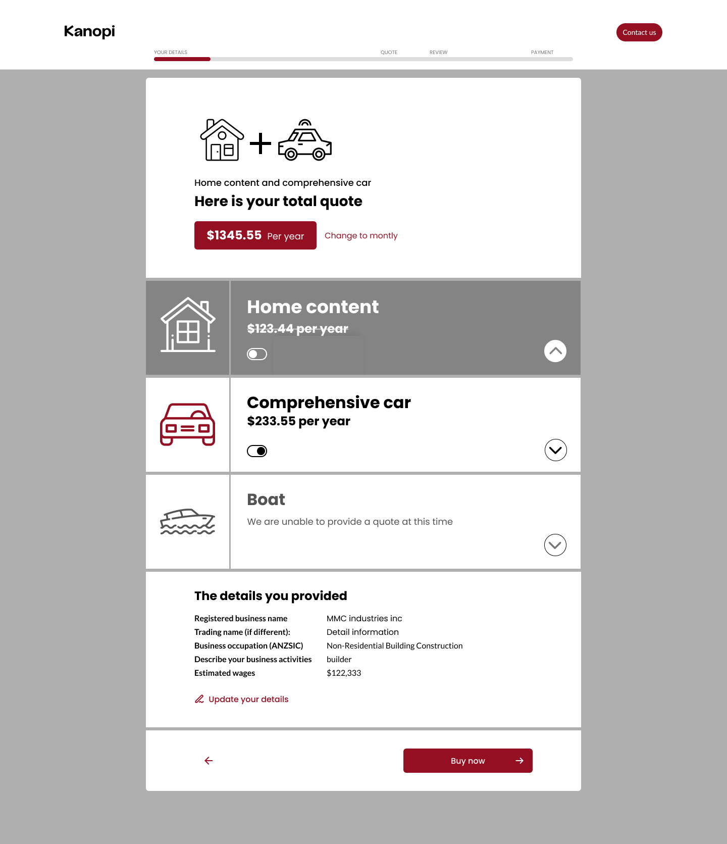 Insurance quote flow layout quote page